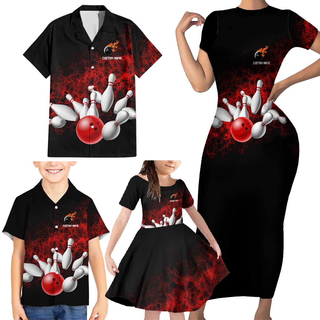 Red Bowling Ball and Pins Design Family Matching Short Sleeve Bodycon Dress and Hawaiian Shirt with Fiery Smoke Background and Custom Team Name Text - Wonder Print Shop