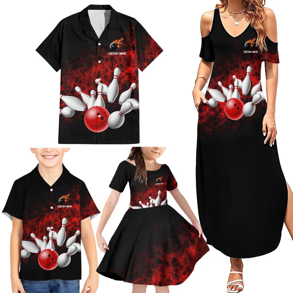Red Bowling Ball and Pins Design Family Matching Summer Maxi Dress and Hawaiian Shirt with Fiery Smoke Background and Custom Team Name Text - Wonder Print Shop