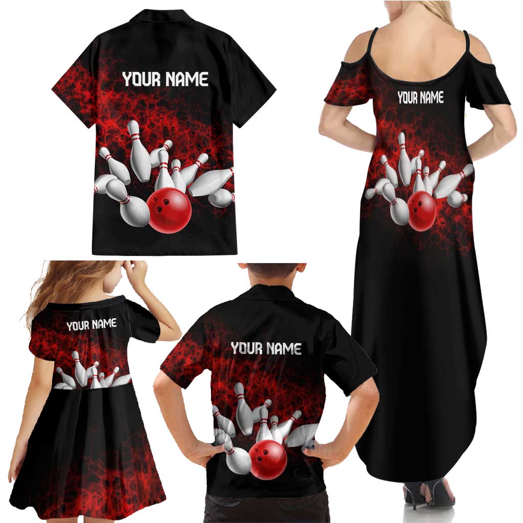 Red Bowling Ball and Pins Design Family Matching Summer Maxi Dress and Hawaiian Shirt with Fiery Smoke Background and Custom Team Name Text - Wonder Print Shop