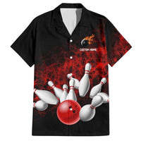 Red Bowling Ball and Pins Design Family Matching Summer Maxi Dress and Hawaiian Shirt with Fiery Smoke Background and Custom Team Name Text - Wonder Print Shop