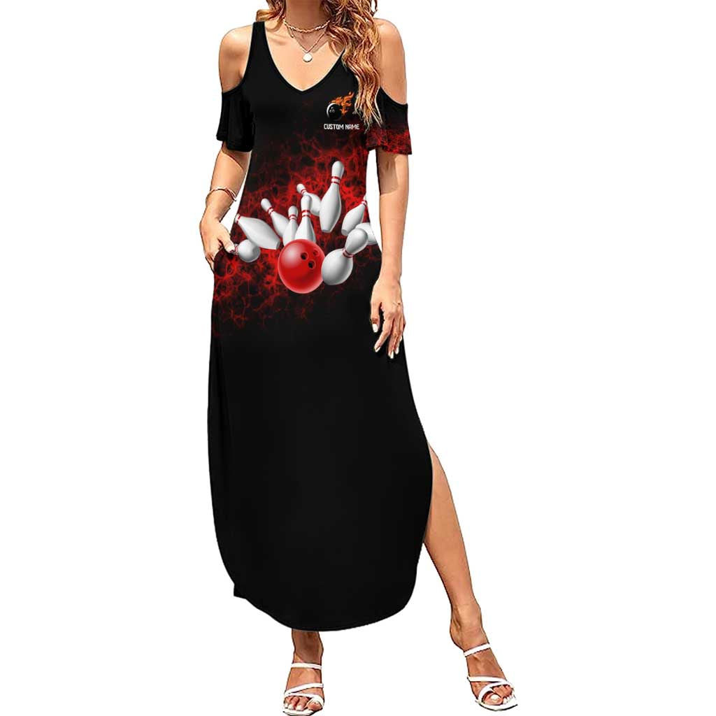 Red Bowling Ball and Pins Design Family Matching Summer Maxi Dress and Hawaiian Shirt with Fiery Smoke Background and Custom Team Name Text - Wonder Print Shop