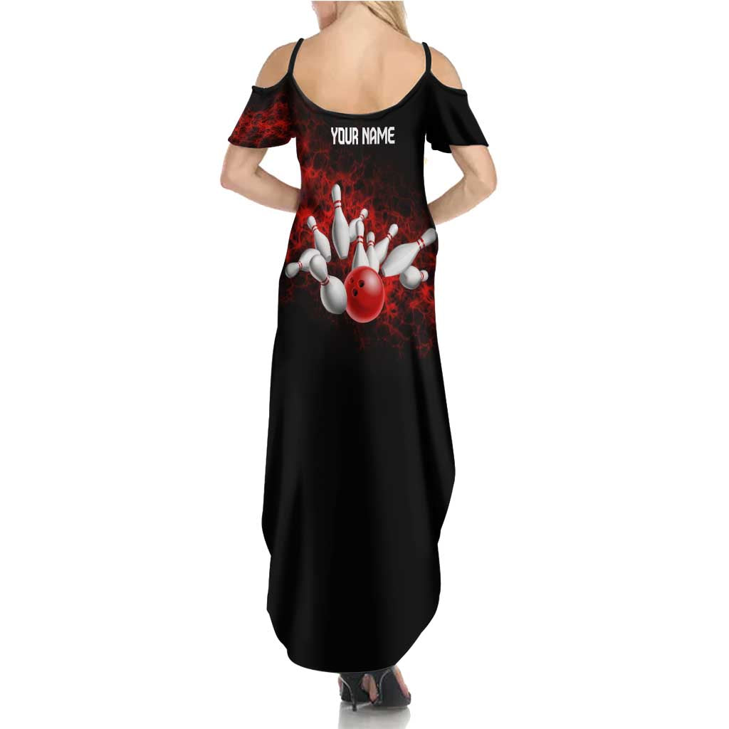 Red Bowling Ball and Pins Design Family Matching Summer Maxi Dress and Hawaiian Shirt with Fiery Smoke Background and Custom Team Name Text - Wonder Print Shop