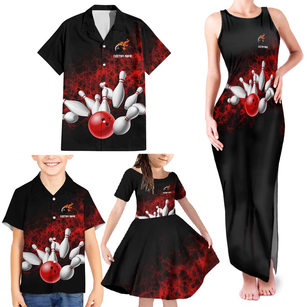 Red Bowling Ball and Pins Design Family Matching Tank Maxi Dress and Hawaiian Shirt with Fiery Smoke Background and Custom Team Name Text - Wonder Print Shop