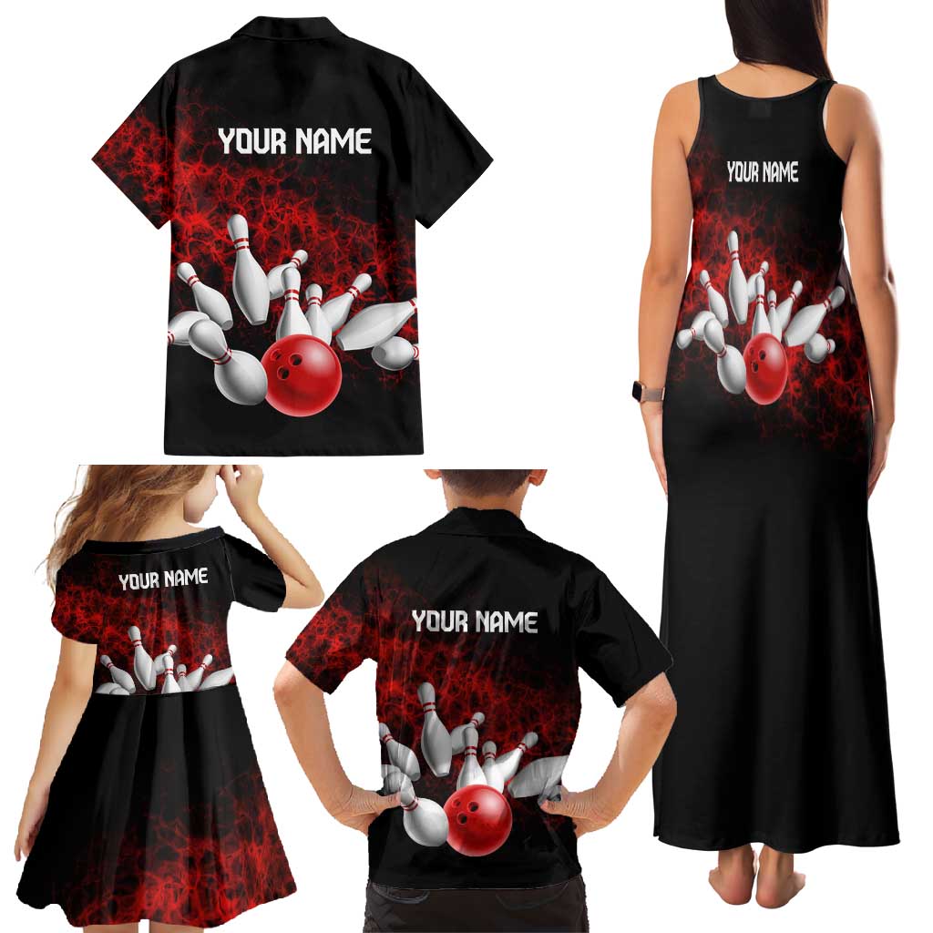 Red Bowling Ball and Pins Design Family Matching Tank Maxi Dress and Hawaiian Shirt with Fiery Smoke Background and Custom Team Name Text - Wonder Print Shop
