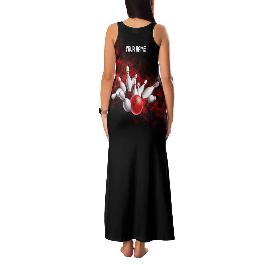 Red Bowling Ball and Pins Design Family Matching Tank Maxi Dress and Hawaiian Shirt with Fiery Smoke Background and Custom Team Name Text - Wonder Print Shop