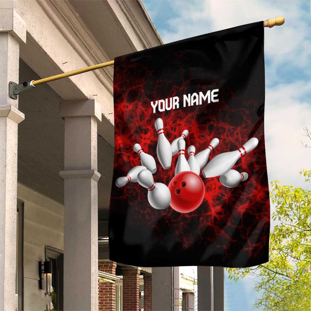 Red Bowling Ball and Pins Design Garden Flag with Fiery Smoke Background and Custom Team Name Text - Wonder Print Shop
