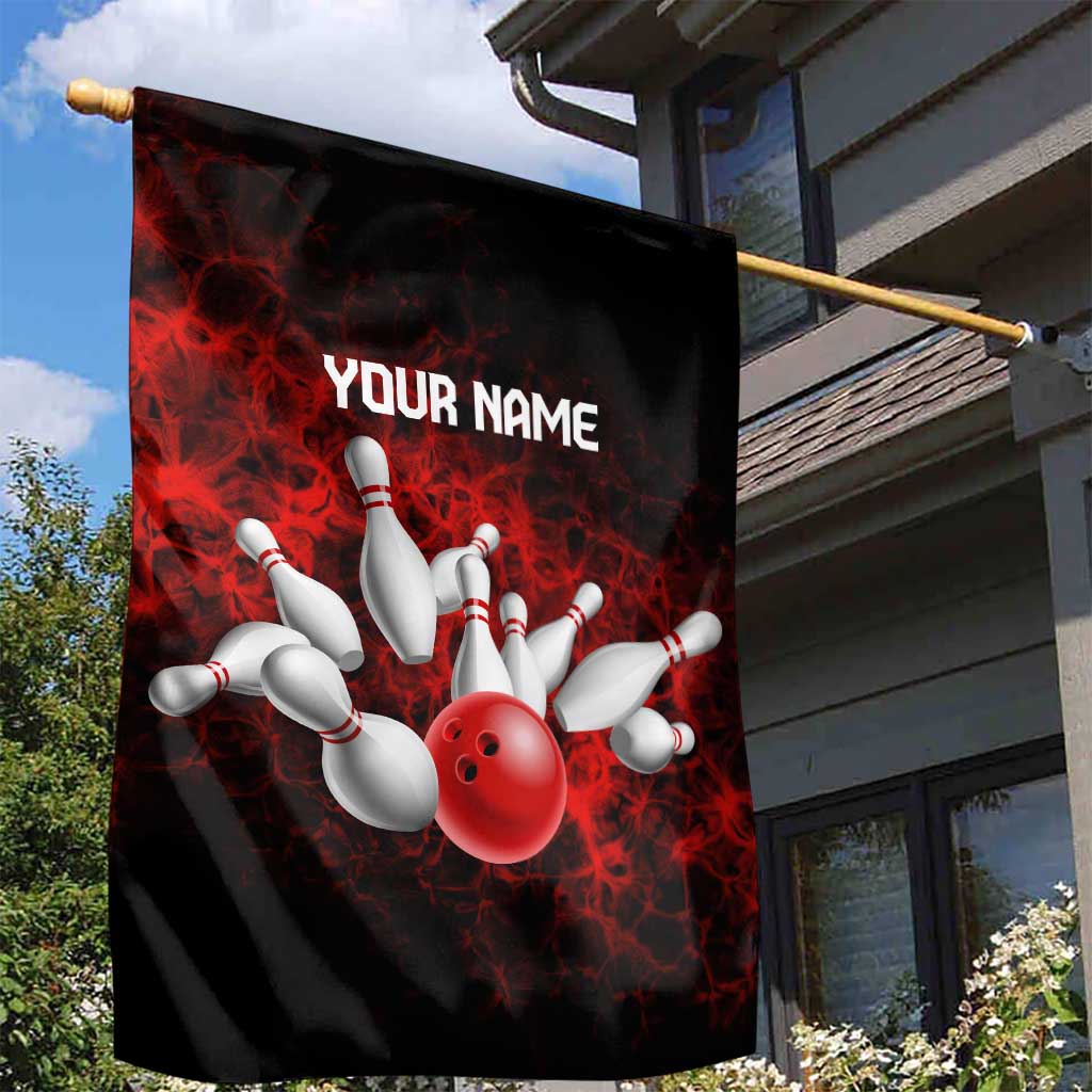 Red Bowling Ball and Pins Design Garden Flag with Fiery Smoke Background and Custom Team Name Text - Wonder Print Shop