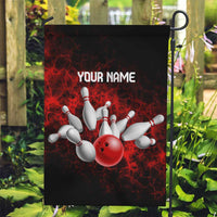 Red Bowling Ball and Pins Design Garden Flag with Fiery Smoke Background and Custom Team Name Text - Wonder Print Shop