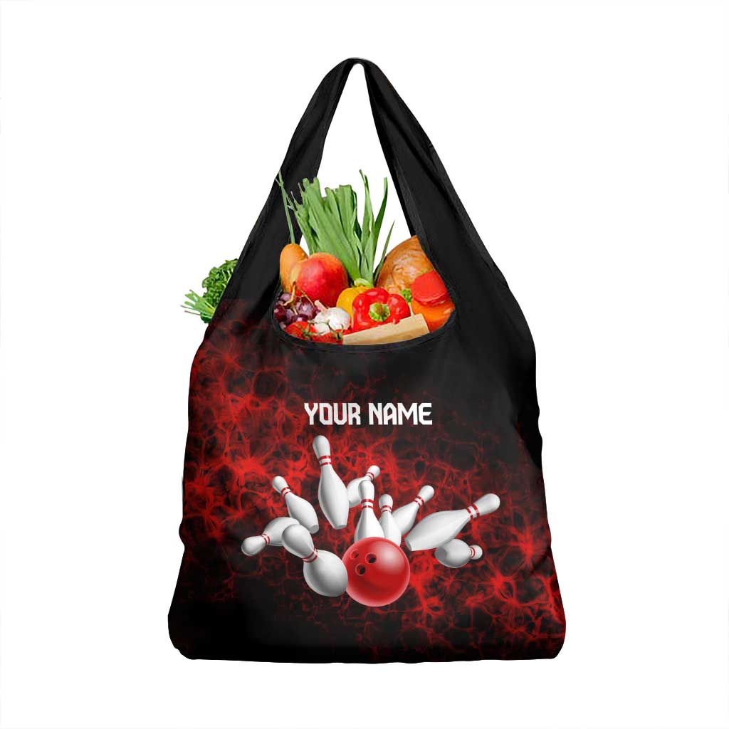 Red Bowling Ball and Pins Design Grocery Bag with Fiery Smoke Background and Custom Team Name Text - Wonder Print Shop