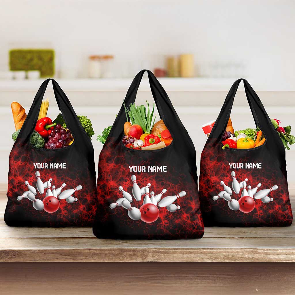 Red Bowling Ball and Pins Design Grocery Bag with Fiery Smoke Background and Custom Team Name Text - Wonder Print Shop