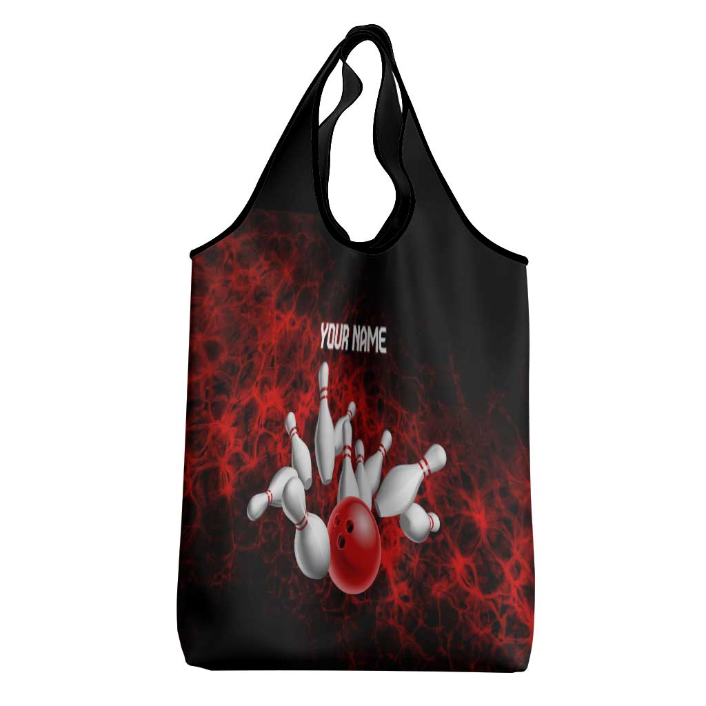 Red Bowling Ball and Pins Design Grocery Bag with Fiery Smoke Background and Custom Team Name Text - Wonder Print Shop
