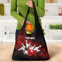 Red Bowling Ball and Pins Design Grocery Bag with Fiery Smoke Background and Custom Team Name Text - Wonder Print Shop