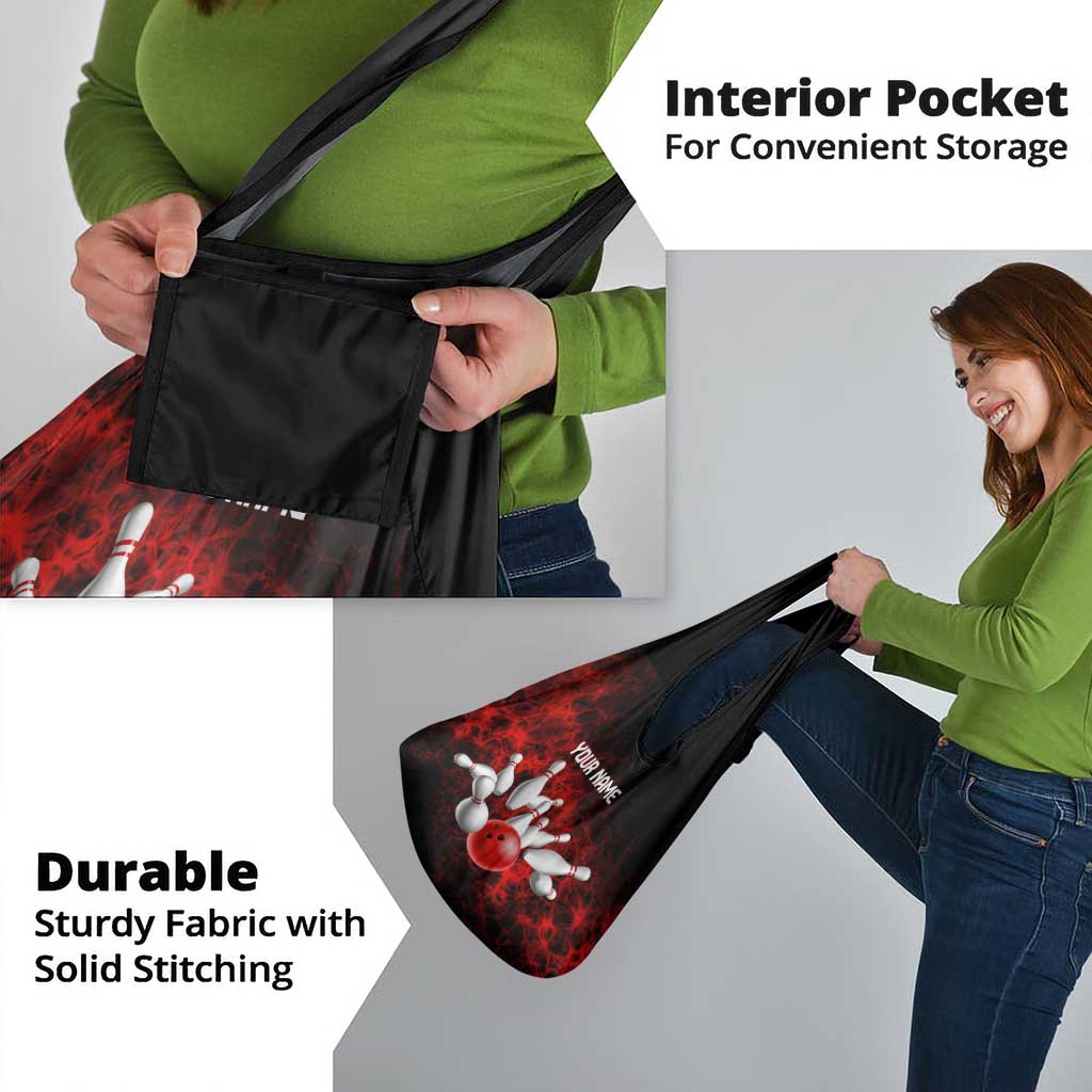 Red Bowling Ball and Pins Design Grocery Bag with Fiery Smoke Background and Custom Team Name Text - Wonder Print Shop