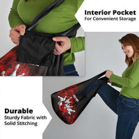 Red Bowling Ball and Pins Design Grocery Bag with Fiery Smoke Background and Custom Team Name Text - Wonder Print Shop