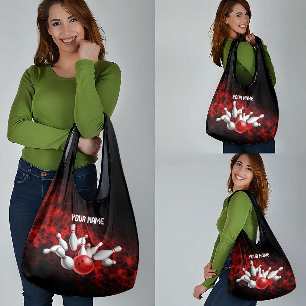 Red Bowling Ball and Pins Design Grocery Bag with Fiery Smoke Background and Custom Team Name Text - Wonder Print Shop