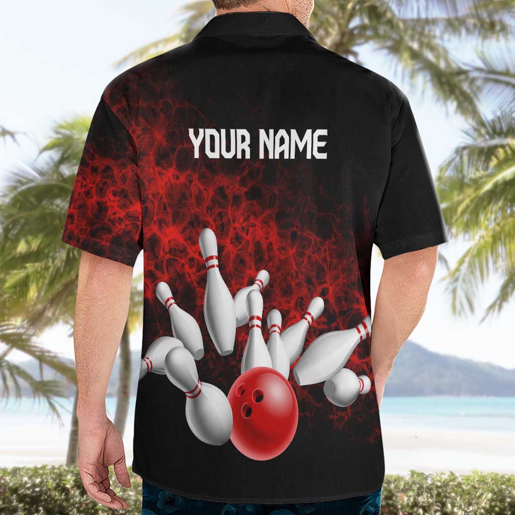 Red Bowling Ball and Pins Design Hawaiian Shirt with Fiery Smoke Background and Custom Team Name Text - Wonder Print Shop