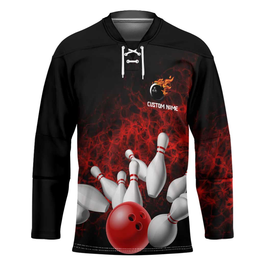 Red Bowling Ball and Pins Design Hockey Jersey with Fiery Smoke Background and Custom Team Name Text - Wonder Print Shop