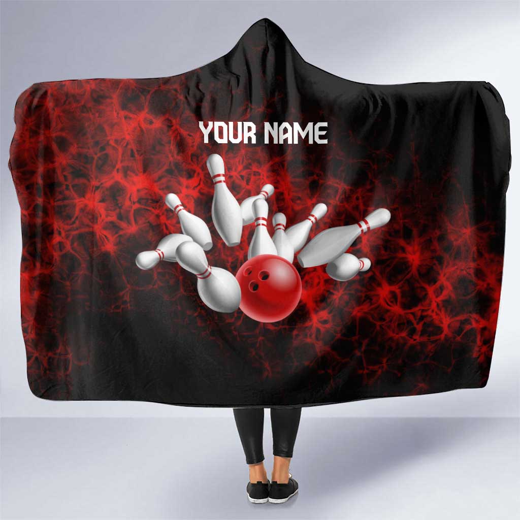 Red Bowling Ball and Pins Design Hooded Blanket with Fiery Smoke Background and Custom Team Name Text - Wonder Print Shop