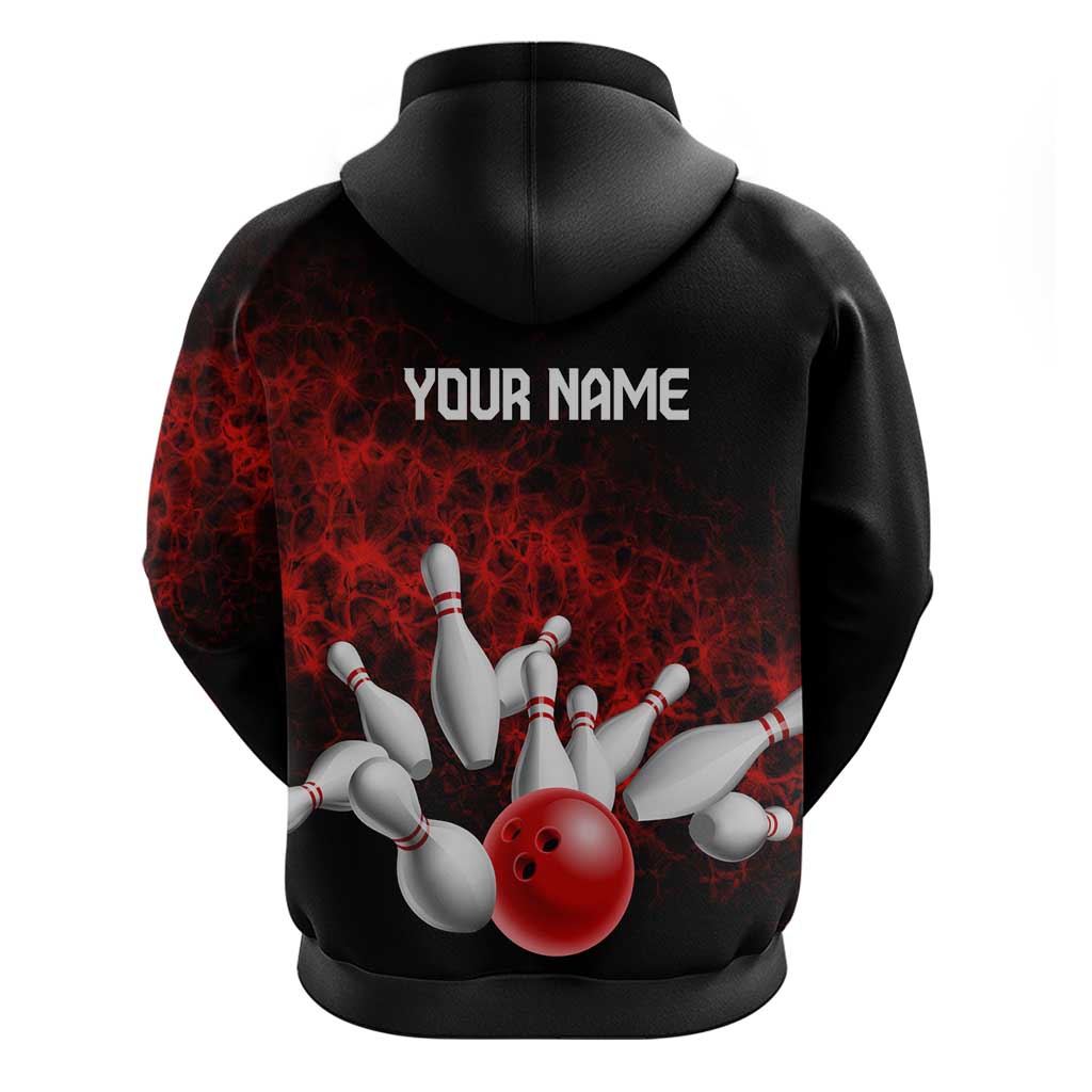 Red Bowling Ball and Pins Design Hoodie with Fiery Smoke Background and Custom Team Name Text - Wonder Print Shop