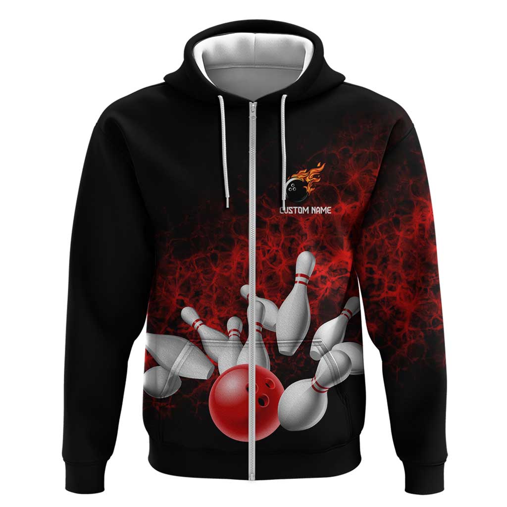 Red Bowling Ball and Pins Design Hoodie with Fiery Smoke Background and Custom Team Name Text - Wonder Print Shop
