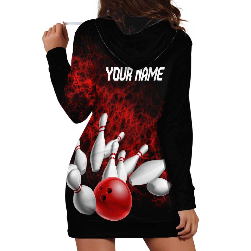 Red Bowling Ball and Pins Design Hoodie Dress with Fiery Smoke Background and Custom Team Name Text - Wonder Print Shop
