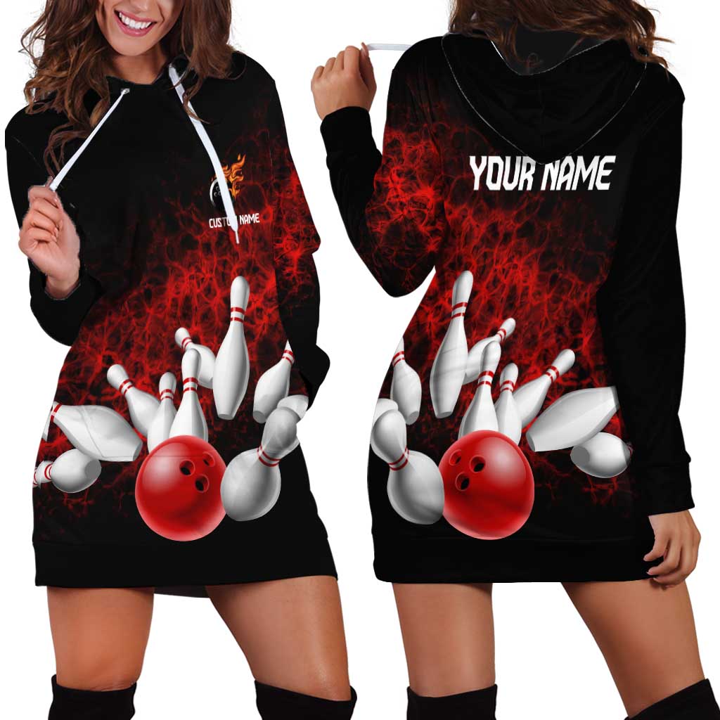 Red Bowling Ball and Pins Design Hoodie Dress with Fiery Smoke Background and Custom Team Name Text - Wonder Print Shop