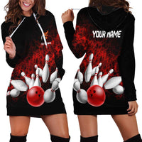 Red Bowling Ball and Pins Design Hoodie Dress with Fiery Smoke Background and Custom Team Name Text - Wonder Print Shop