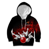 Red Bowling Ball and Pins Design Kid Hoodie with Fiery Smoke Background and Custom Team Name Text - Wonder Print Shop