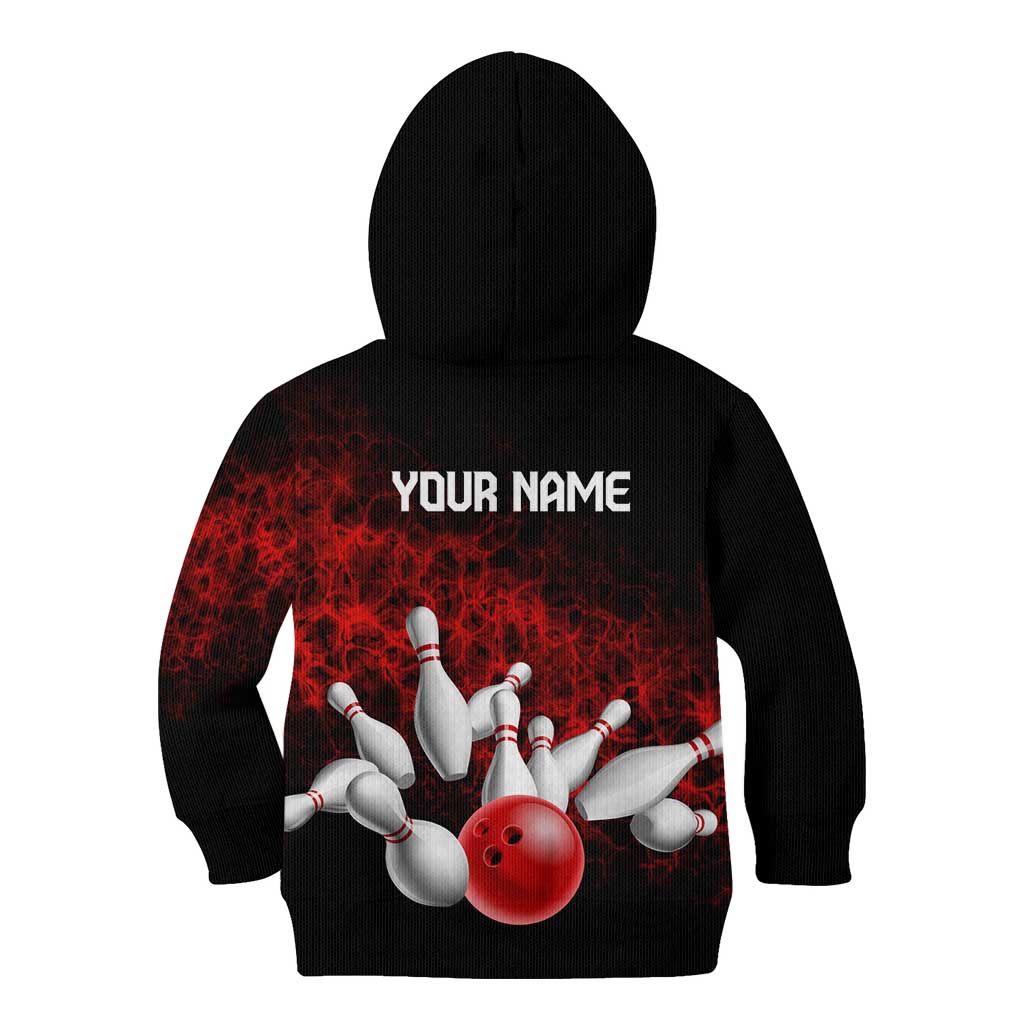 Red Bowling Ball and Pins Design Kid Hoodie with Fiery Smoke Background and Custom Team Name Text - Wonder Print Shop