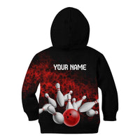 Red Bowling Ball and Pins Design Kid Hoodie with Fiery Smoke Background and Custom Team Name Text - Wonder Print Shop