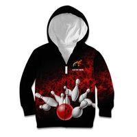 Red Bowling Ball and Pins Design Kid Hoodie with Fiery Smoke Background and Custom Team Name Text - Wonder Print Shop