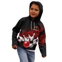 Red Bowling Ball and Pins Design Kid Hoodie with Fiery Smoke Background and Custom Team Name Text - Wonder Print Shop