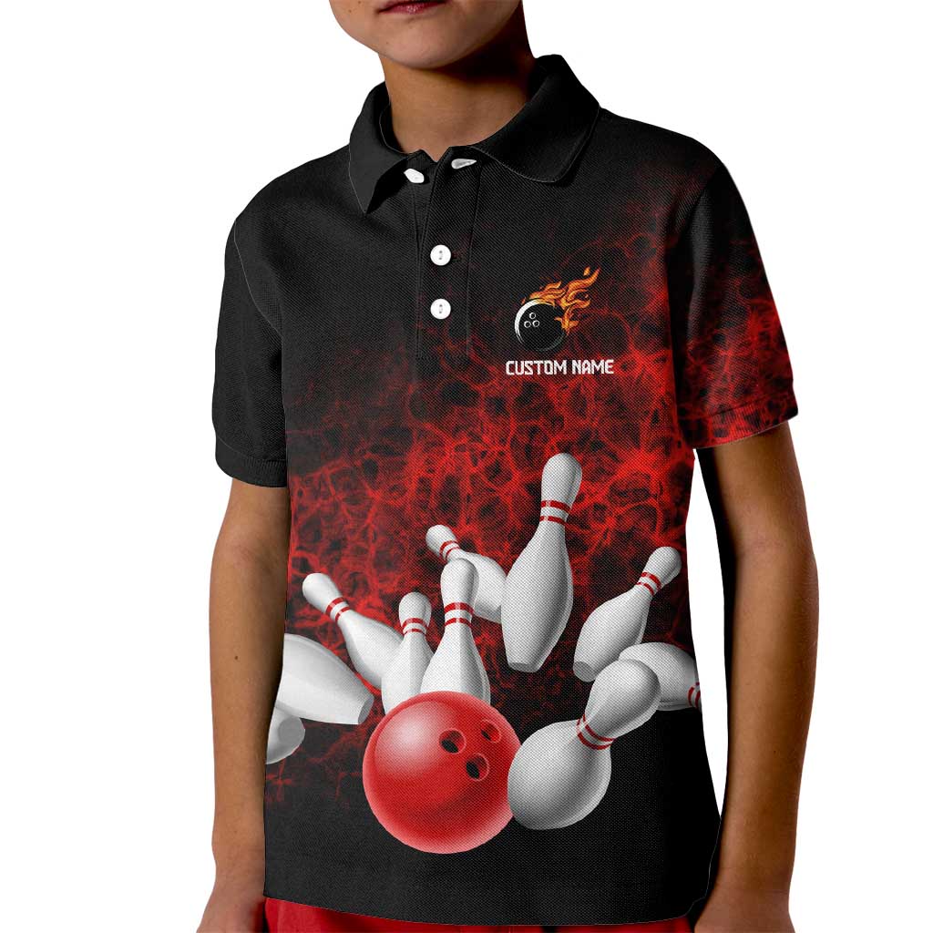 Red Bowling Ball and Pins Design Kid Polo Shirt with Fiery Smoke Background and Custom Team Name Text - Wonder Print Shop