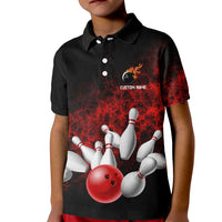 Red Bowling Ball and Pins Design Kid Polo Shirt with Fiery Smoke Background and Custom Team Name Text - Wonder Print Shop
