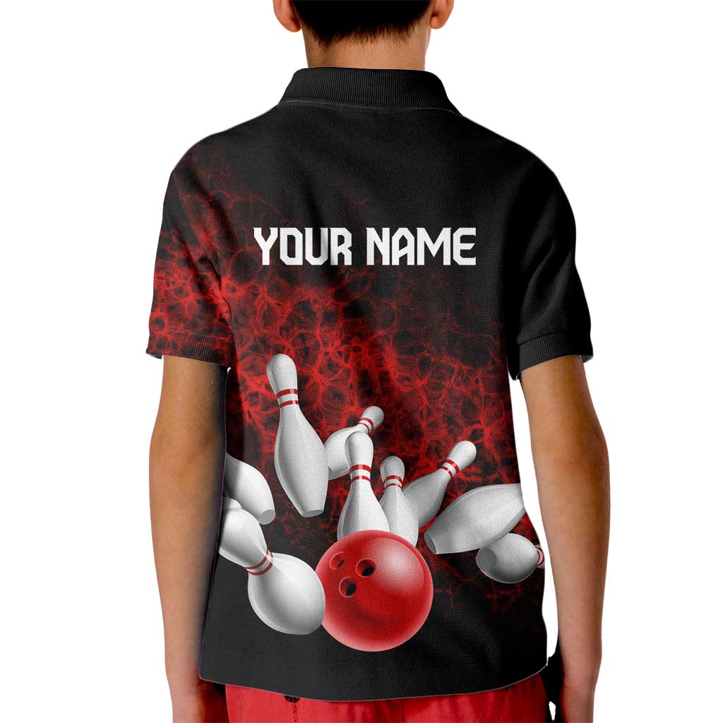 Red Bowling Ball and Pins Design Kid Polo Shirt with Fiery Smoke Background and Custom Team Name Text - Wonder Print Shop