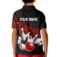 Red Bowling Ball and Pins Design Kid Polo Shirt with Fiery Smoke Background and Custom Team Name Text - Wonder Print Shop