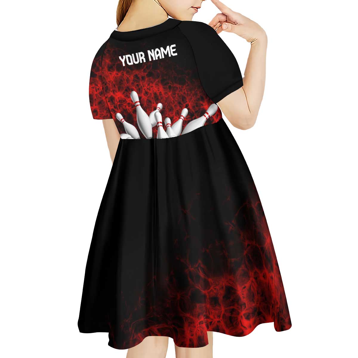 Red Bowling Ball and Pins Design Kid Short Sleeve Dress with Fiery Smoke Background and Custom Team Name Text - Wonder Print Shop