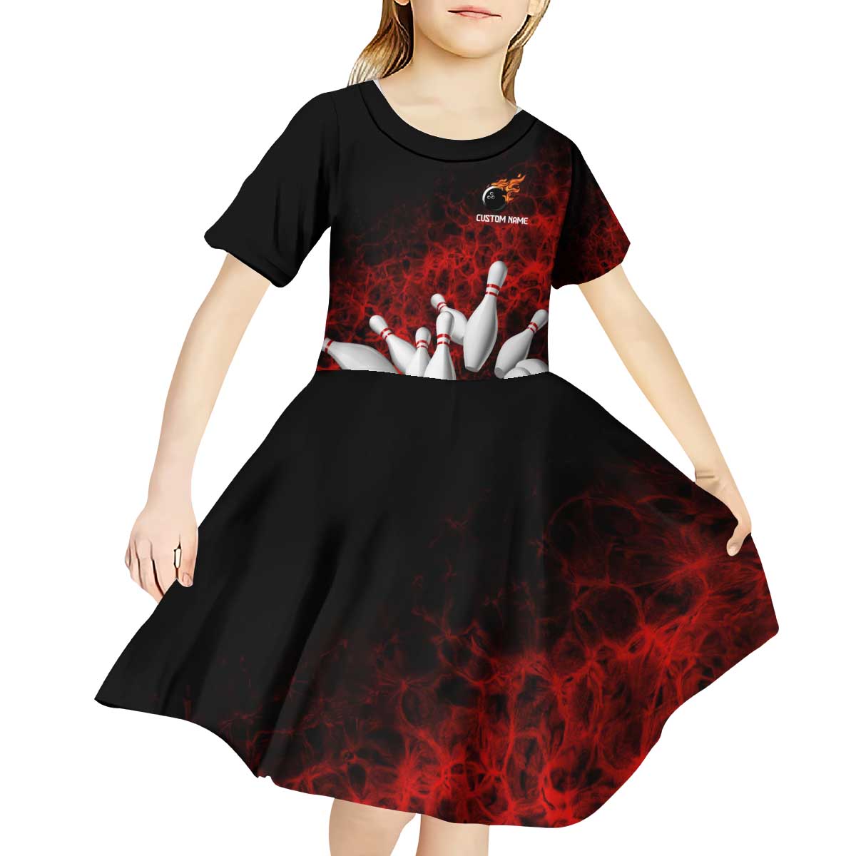Red Bowling Ball and Pins Design Kid Short Sleeve Dress with Fiery Smoke Background and Custom Team Name Text - Wonder Print Shop