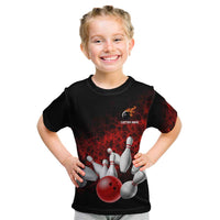 Red Bowling Ball and Pins Design Kid T Shirt with Fiery Smoke Background and Custom Team Name Text - Wonder Print Shop