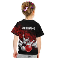 Red Bowling Ball and Pins Design Kid T Shirt with Fiery Smoke Background and Custom Team Name Text - Wonder Print Shop