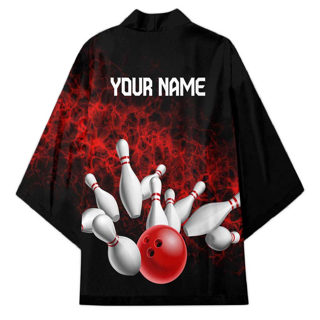 Red Bowling Ball and Pins Design Kimono with Fiery Smoke Background and Custom Team Name Text - Wonder Print Shop