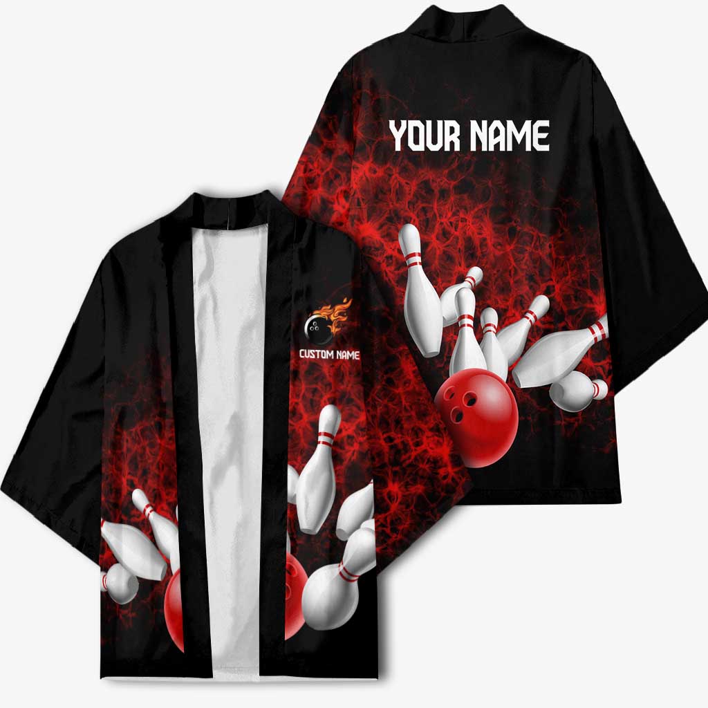 Red Bowling Ball and Pins Design Kimono with Fiery Smoke Background and Custom Team Name Text - Wonder Print Shop
