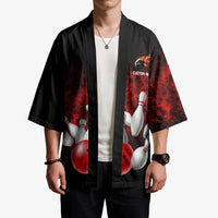 Red Bowling Ball and Pins Design Kimono with Fiery Smoke Background and Custom Team Name Text - Wonder Print Shop