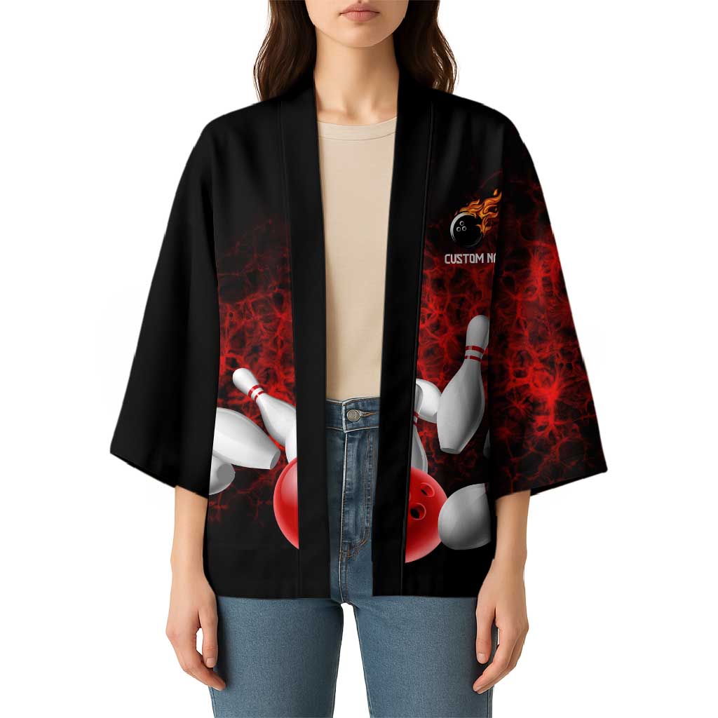 Red Bowling Ball and Pins Design Kimono with Fiery Smoke Background and Custom Team Name Text - Wonder Print Shop