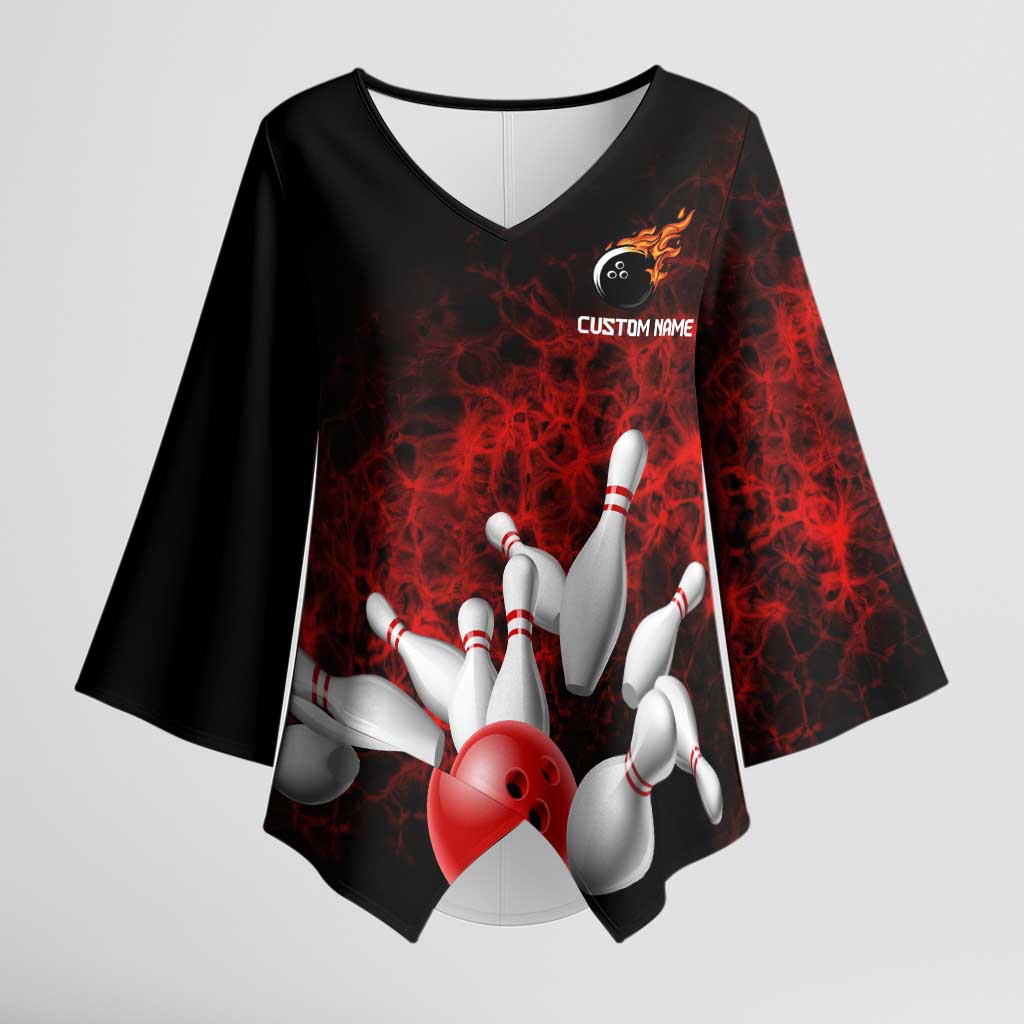 Red Bowling Ball and Pins Design Kimono Sleeve Blouse with Fiery Smoke Background and Custom Team Name Text - Wonder Print Shop