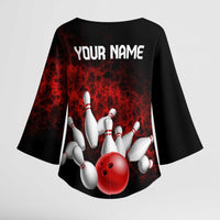 Red Bowling Ball and Pins Design Kimono Sleeve Blouse with Fiery Smoke Background and Custom Team Name Text - Wonder Print Shop