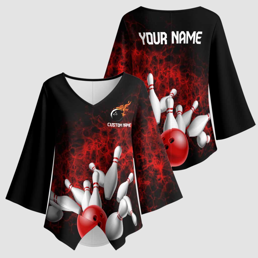 Red Bowling Ball and Pins Design Kimono Sleeve Blouse with Fiery Smoke Background and Custom Team Name Text - Wonder Print Shop