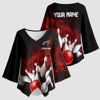 Red Bowling Ball and Pins Design Kimono Sleeve Blouse with Fiery Smoke Background and Custom Team Name Text - Wonder Print Shop