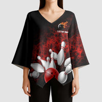 Red Bowling Ball and Pins Design Kimono Sleeve Blouse with Fiery Smoke Background and Custom Team Name Text - Wonder Print Shop