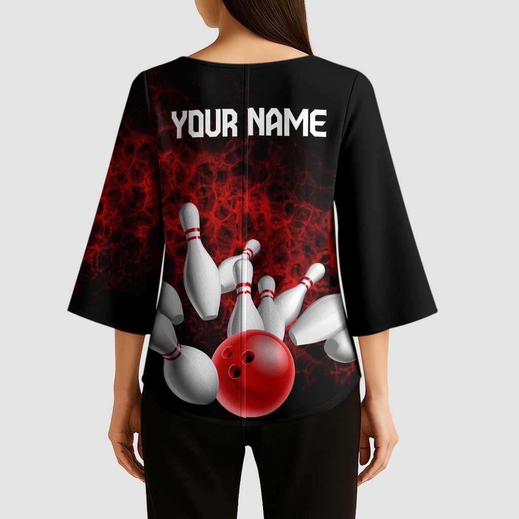 Red Bowling Ball and Pins Design Kimono Sleeve Blouse with Fiery Smoke Background and Custom Team Name Text - Wonder Print Shop